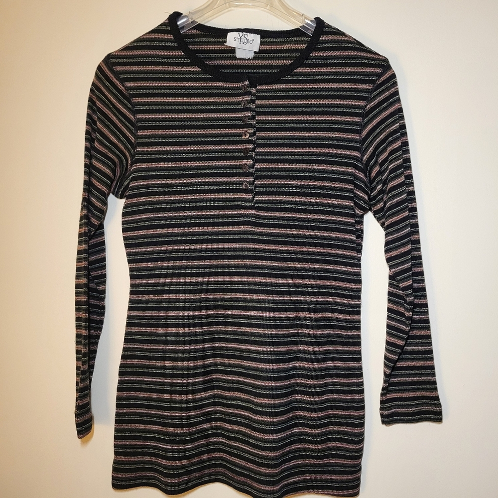 90s Vintage Striped Long Sleeve Top With ¼ Button Front